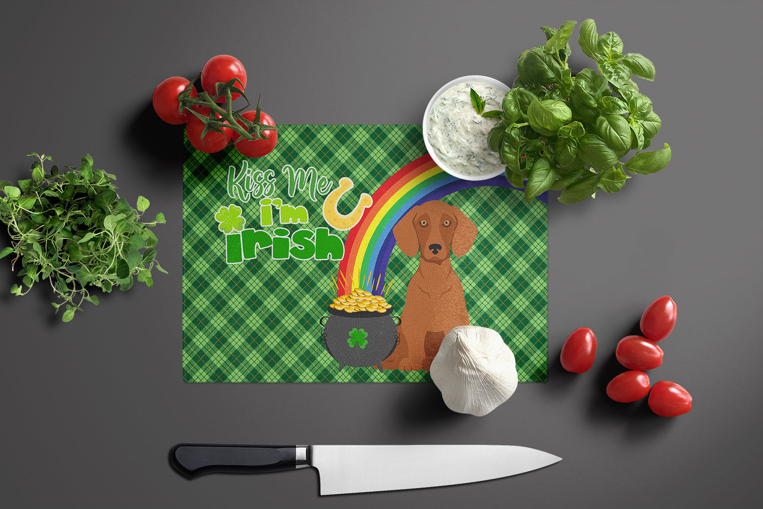 Red Dachshund St. Patrick's Day Cutting Board Tempered Glass Kitchen Cutting Surface, Heat Resistant Chopping, Non-Slip Feet, Food Prep & Serving