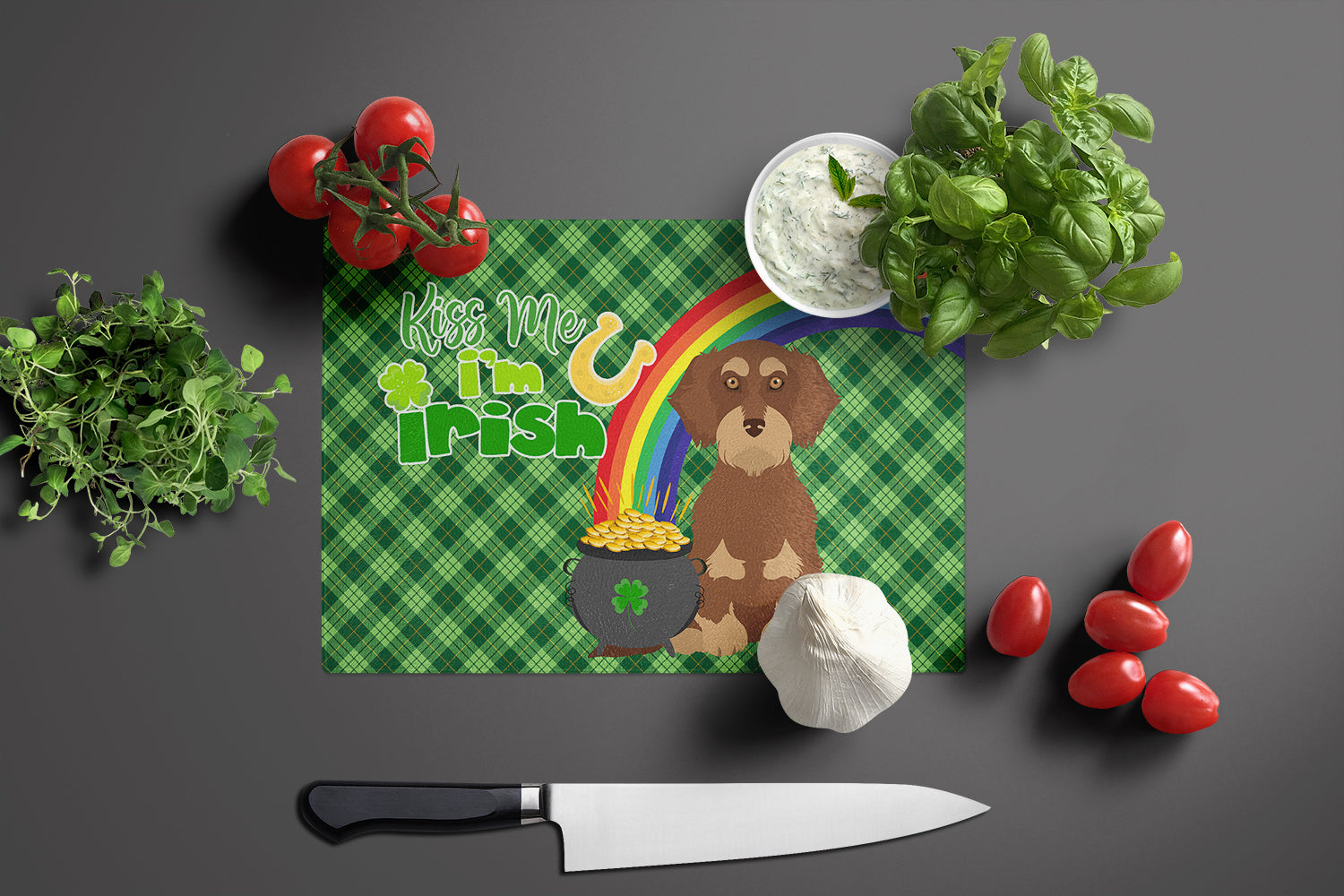 Wirehair Red and Tan Dachshund St. Patrick's Day Cutting Board Tempered Glass Kitchen Cutting Surface, Heat Resistant Chopping, Non-Slip Feet, Food Prep & Serving