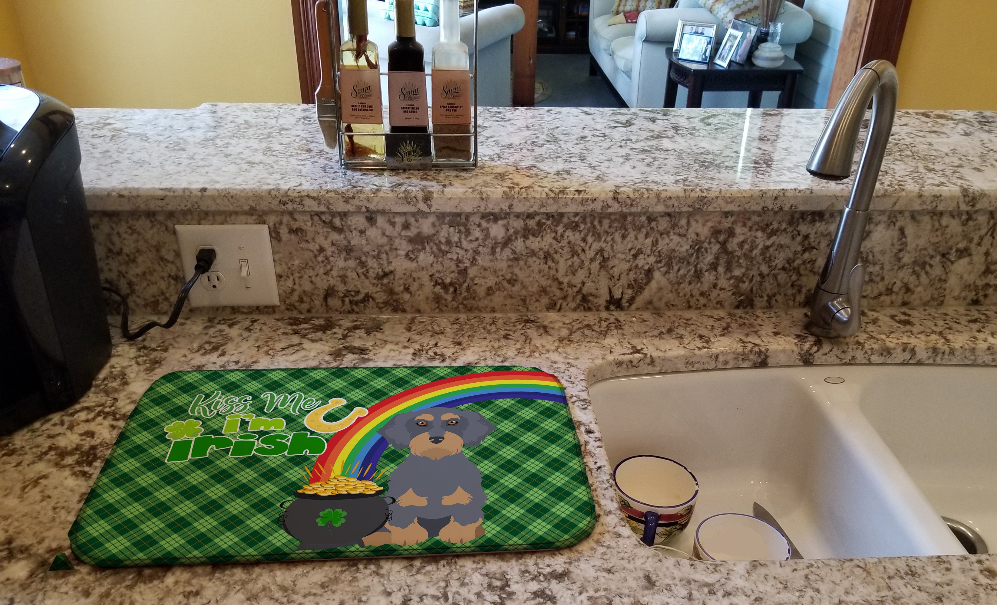 Wirehair Blue and Tan Dachshund St. Patrick's Day Dish Drying Mat Absorbent Dish Drying Mat Pad for Kitchen Counter Dish Drainer Mat for Countertop, 14 x 21", Multicolor