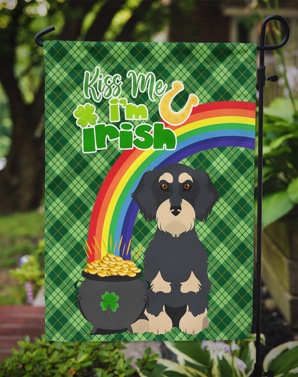 Wirehair Black and Cream Dachshund St. Patrick's Day Garden Flag Mailbox Decorative Yard Banner Outside Patio Artwork for Flower Beds, Garden Size, Multicolor