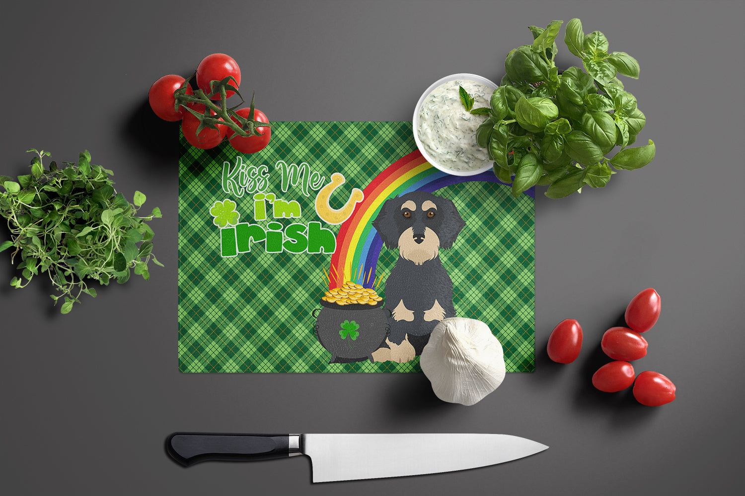 Wirehair Black and Cream Dachshund St. Patrick's Day Cutting Board Tempered Glass Kitchen Cutting Surface, Heat Resistant Chopping, Non-Slip Feet, Food Prep & Serving