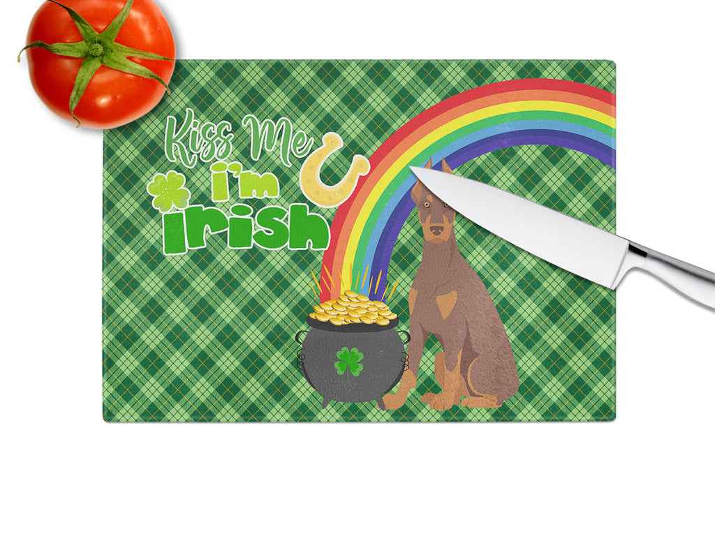 Red and Tan Doberman Pinscher St. Patrick's Day Cutting Board Tempered Glass Kitchen Cutting Surface, Heat Resistant Chopping, Non-Slip Feet, Food Prep & Serving