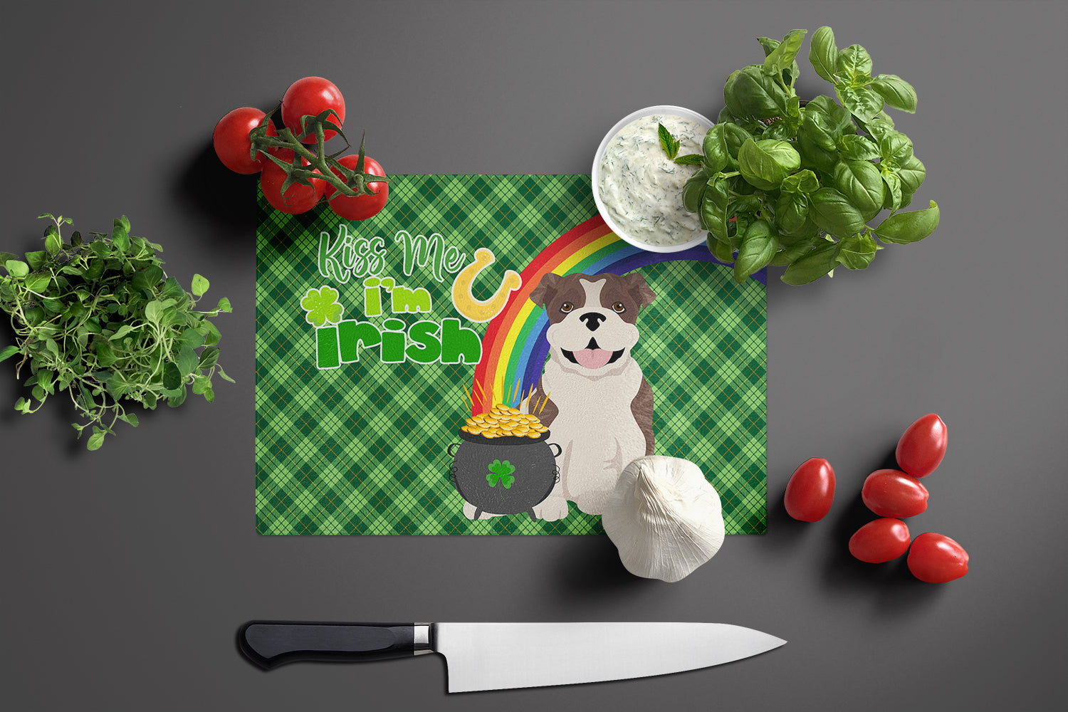 Brindle English Bulldog St. Patrick's Day Cutting Board Tempered Glass Kitchen Cutting Surface, Heat Resistant Chopping, Non-Slip Feet, Food Prep & Serving