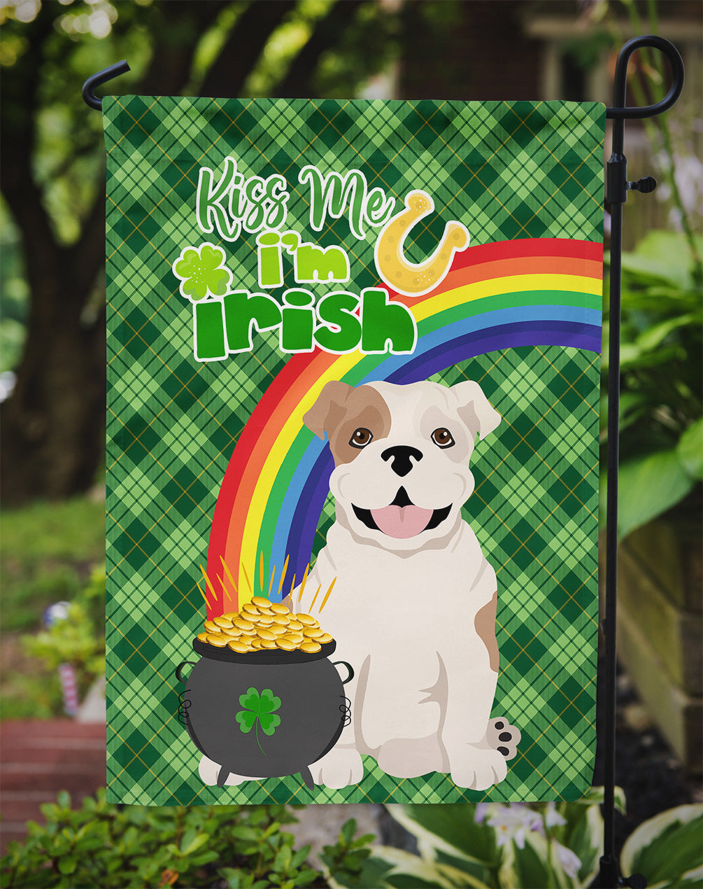 Piebald English Bulldog St. Patrick's Day Garden Flag Mailbox Decorative Yard Banner Outside Patio Artwork for Flower Beds, Garden Size, Multicolor