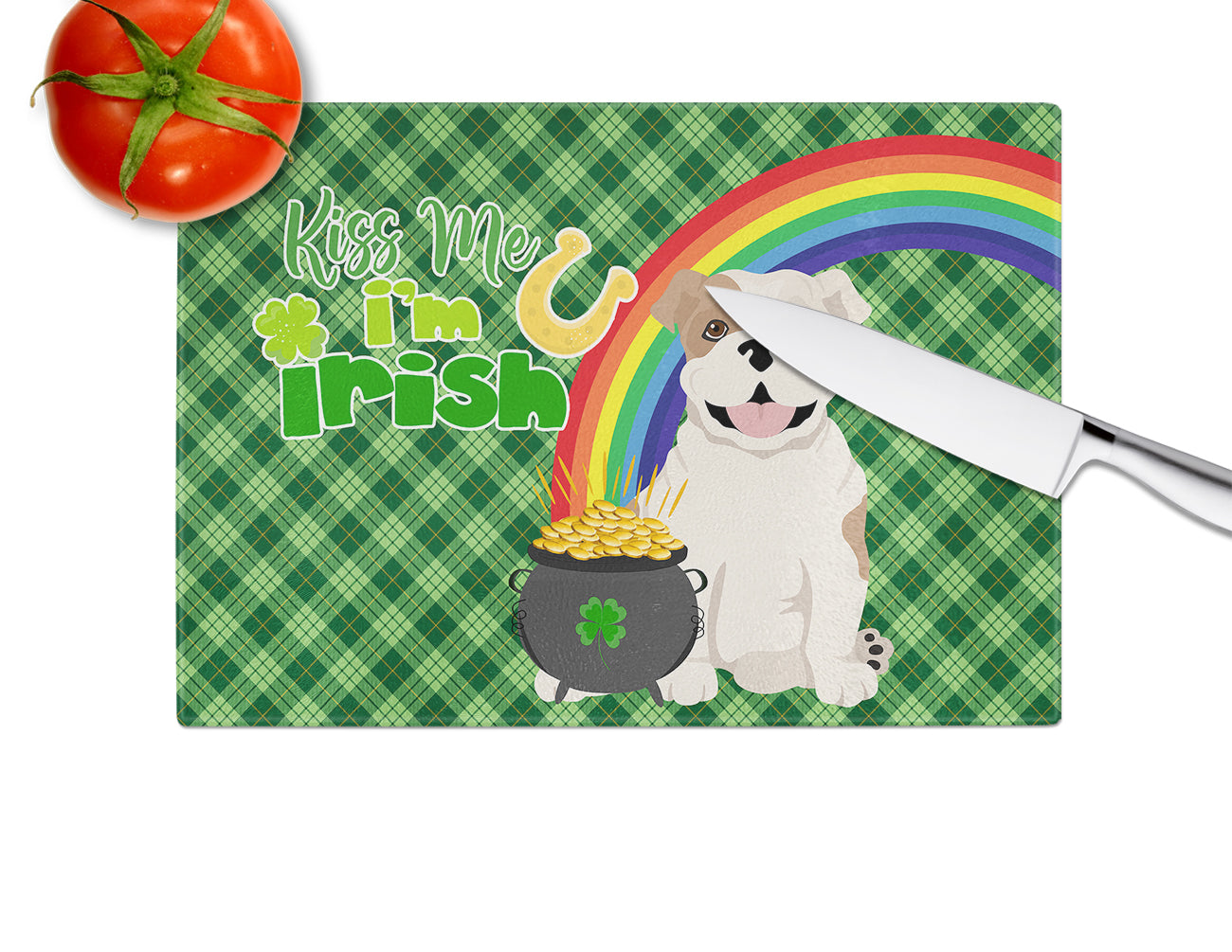 Piebald English Bulldog St. Patrick's Day Cutting Board Tempered Glass Kitchen Cutting Surface, Heat Resistant Chopping, Non-Slip Feet, Food Prep & Serving