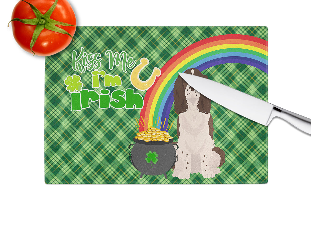 Liver English Springer Spaniel St. Patrick's Day Cutting Board Tempered Glass Kitchen Cutting Surface, Heat Resistant Chopping, Non-Slip Feet, Food Prep & Serving