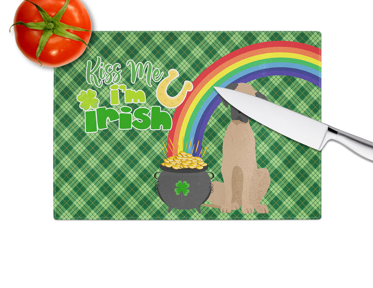 Fawn Great Dane St. Patrick's Day Cutting Board Tempered Glass Kitchen Cutting Surface, Heat Resistant Chopping, Non-Slip Feet, Food Prep & Serving