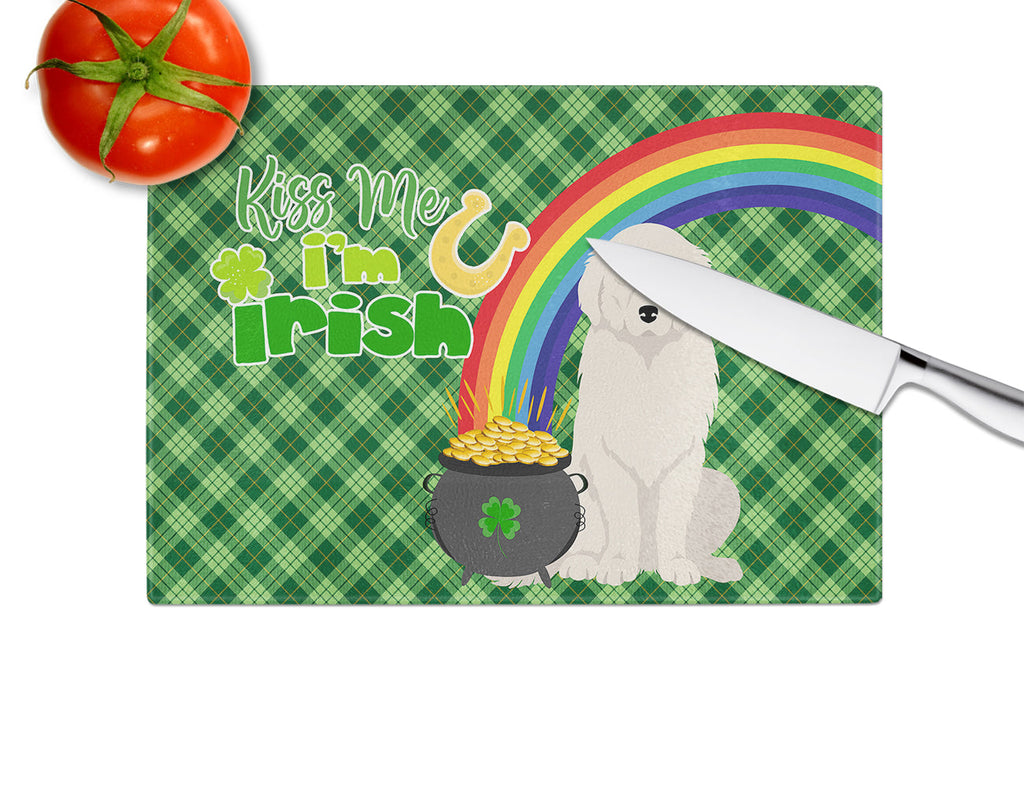 Great Pyrenees St. Patrick's Day Cutting Board Tempered Glass Kitchen Cutting Surface, Heat Resistant Chopping, Non-Slip Feet, Food Prep & Serving
