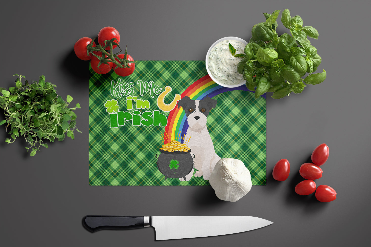 Black White Wirehair Jack Russell Terrier St. Patrick's Day Cutting Board Tempered Glass Kitchen Cutting Surface, Heat Resistant Chopping, Non-Slip Feet, Food Prep & Serving