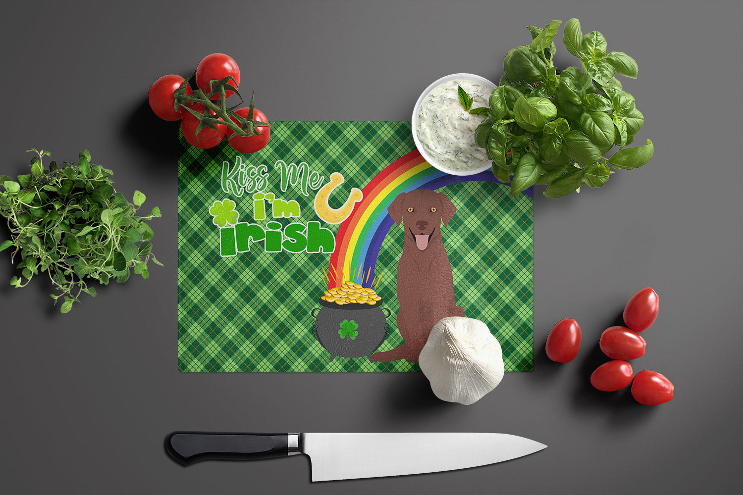 Chocolate Labrador Retriever St. Patrick's Day Cutting Board Tempered Glass Kitchen Cutting Surface, Heat Resistant Chopping, Non-Slip Feet, Food Prep & Serving