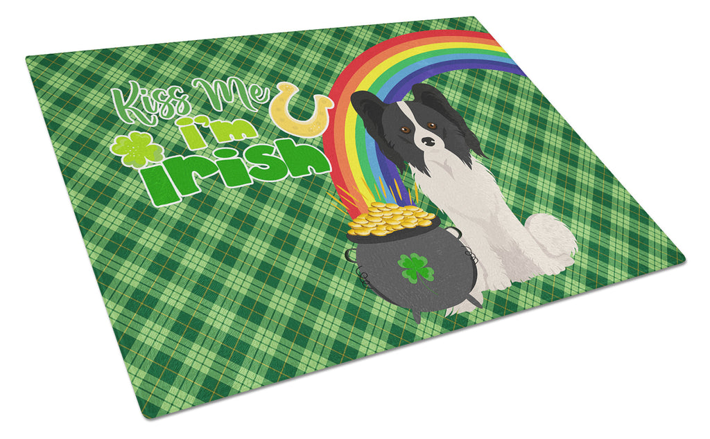 Black and White Papillon St. Patrick's Day Cutting Board Tempered Glass Kitchen Cutting Surface, Heat Resistant Chopping, Non-Slip Feet, Food Prep & Serving