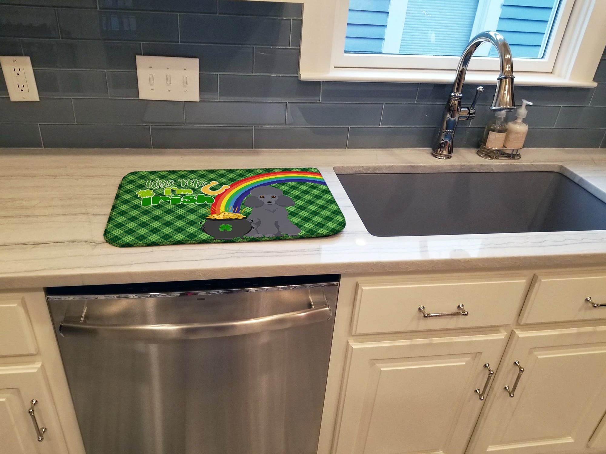 Toy Grey Poodle St. Patrick's Day Dish Drying Mat Absorbent Dish Drying Mat Pad for Kitchen Counter Dish Drainer Mat for Countertop, 14 x 21", Multicolor