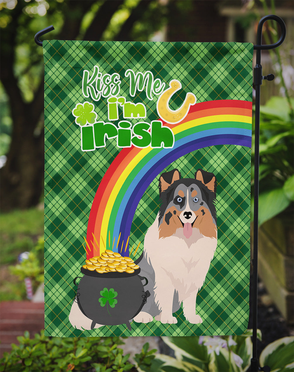 Blue Merle Sheltie St. Patrick's Day Garden Flag Mailbox Decorative Yard Banner Outside Patio Artwork for Flower Beds, Garden Size, Multicolor