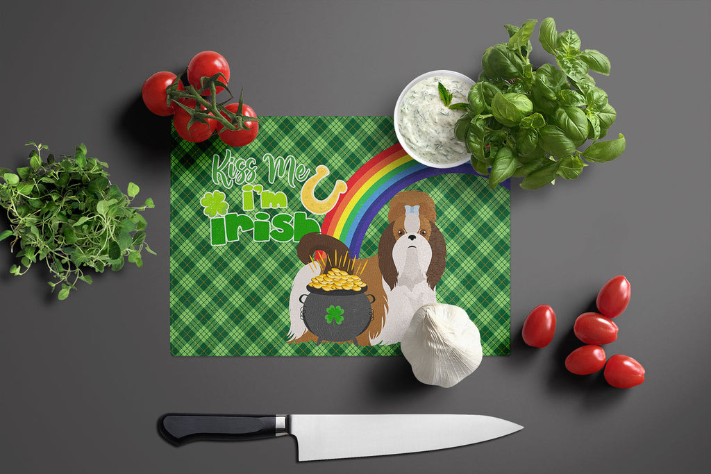 Red and White Shih Tzu St. Patrick's Day Cutting Board Tempered Glass Kitchen Cutting Surface, Heat Resistant Chopping, Non-Slip Feet, Food Prep & Serving