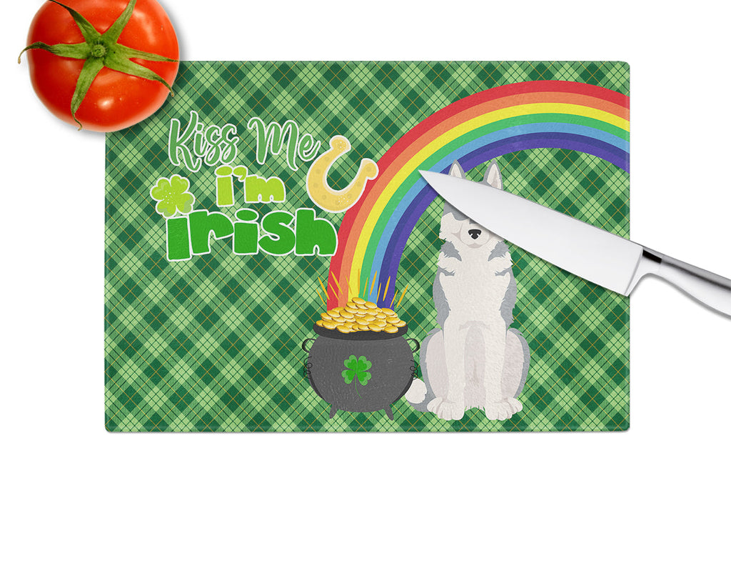 Grey Siberian Husky St. Patrick's Day Cutting Board Tempered Glass Kitchen Cutting Surface, Heat Resistant Chopping, Non-Slip Feet, Food Prep & Serving