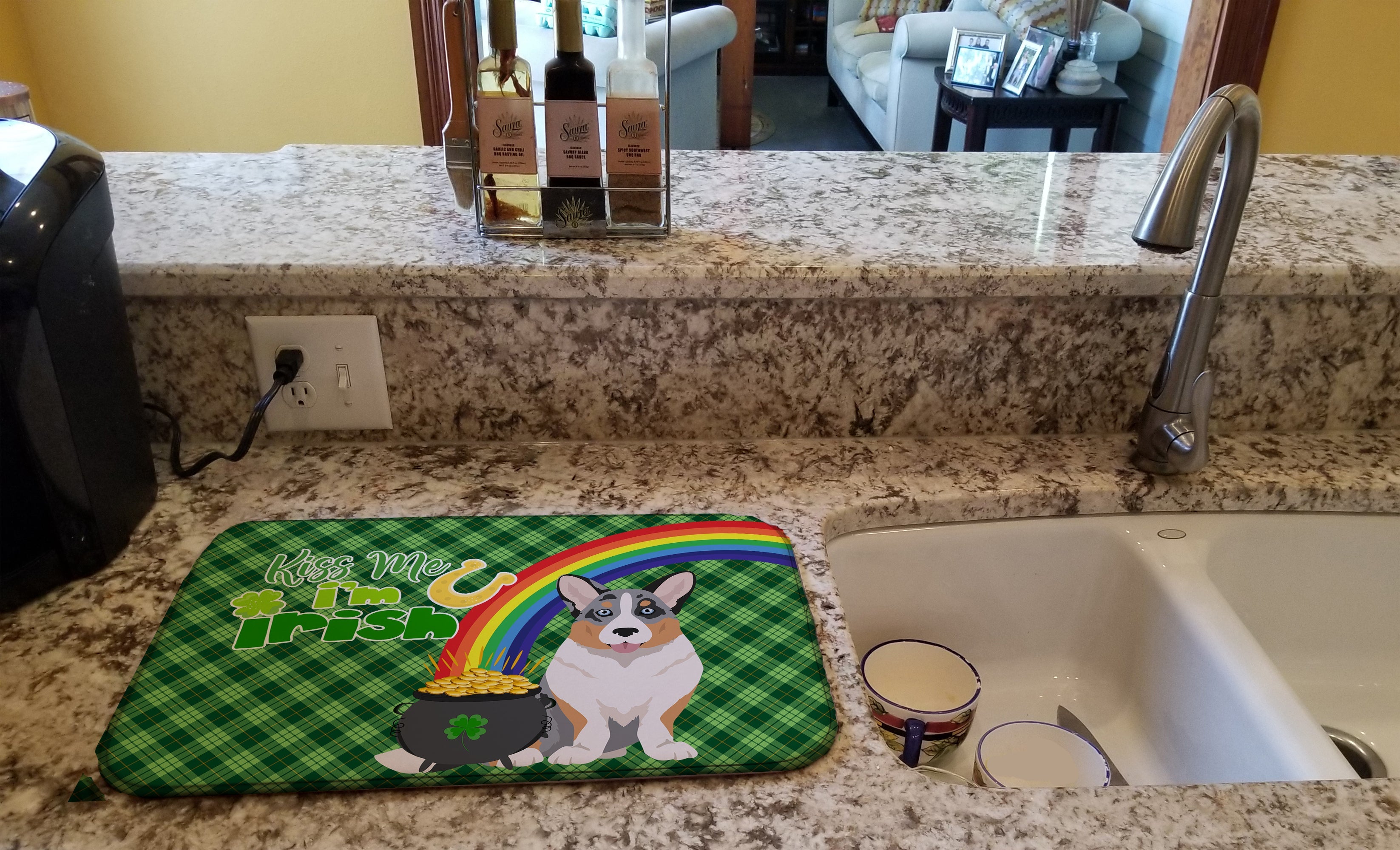Blue Merle Cardigan Corgi St. Patrick's Day Dish Drying Mat Absorbent Dish Drying Mat Pad for Kitchen Counter Dish Drainer Mat for Countertop, 14 x 21", Multicolor