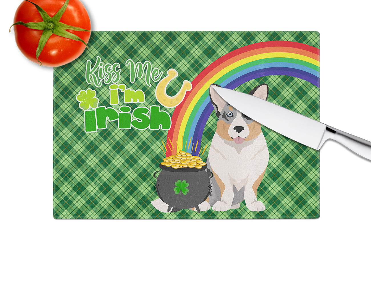Blue Merle Cardigan Corgi St. Patrick's Day Cutting Board Tempered Glass Kitchen Cutting Surface, Heat Resistant Chopping, Non-Slip Feet, Food Prep & Serving