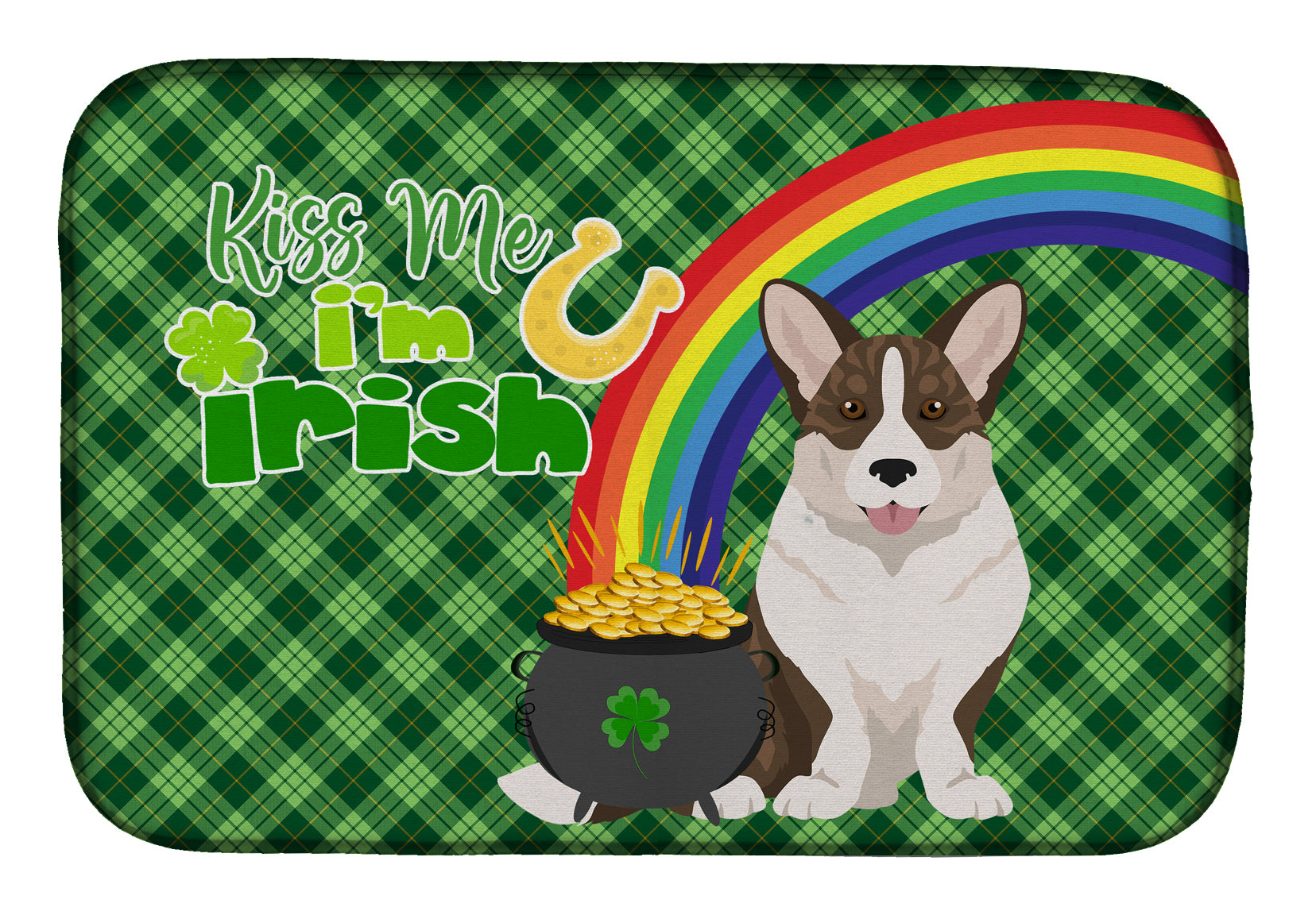 Brindle Cardigan Corgi St. Patrick's Day Dish Drying Mat Absorbent Dish Drying Mat Pad for Kitchen Counter Dish Drainer Mat for Countertop, 14 x 21", Multicolor