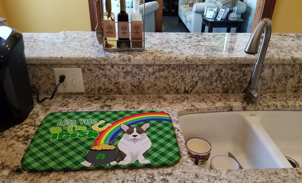 Brindle Cardigan Corgi St. Patrick's Day Dish Drying Mat Absorbent Dish Drying Mat Pad for Kitchen Counter Dish Drainer Mat for Countertop, 14 x 21", Multicolor