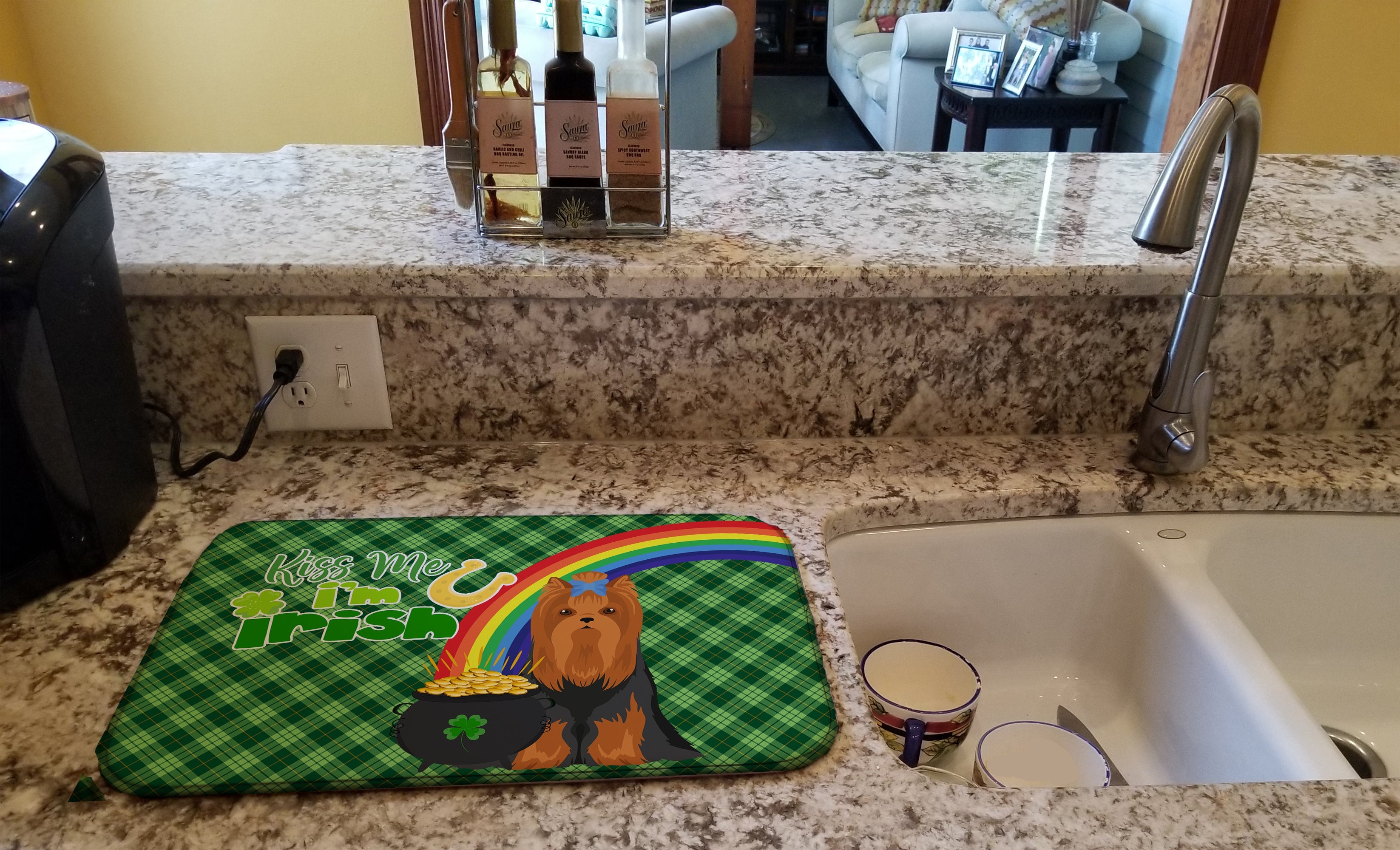 Black and Tan Full Coat Yorkshire Terrier St. Patrick's Day Dish Drying Mat Absorbent Dish Drying Mat Pad for Kitchen Counter Dish Drainer Mat for Countertop, 14 x 21", Multicolor