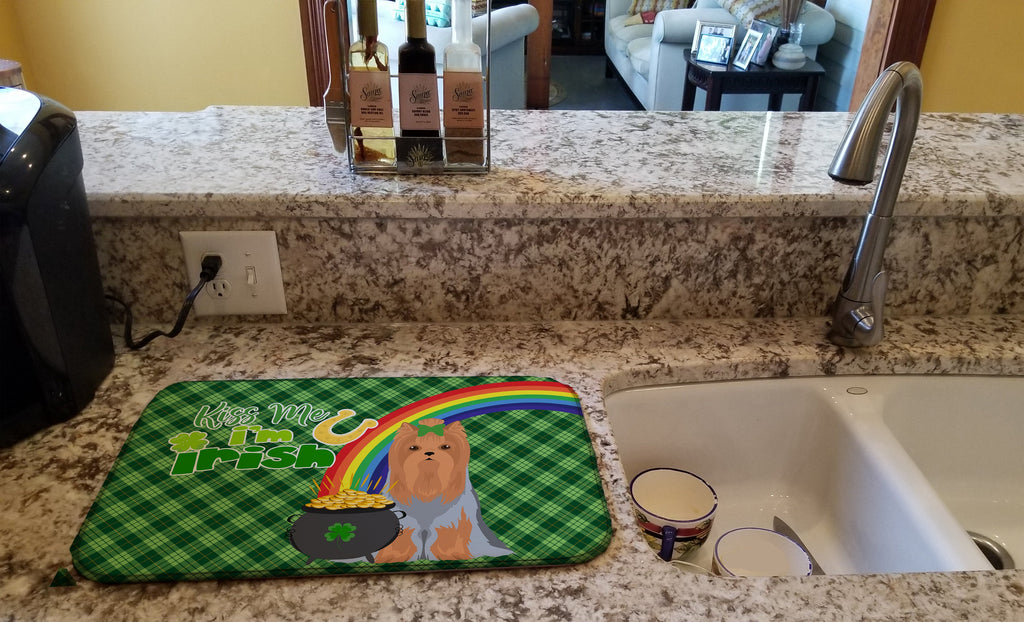 Blue and Tan Full Coat Yorkshire Terrier St. Patrick's Day Dish Drying Mat Absorbent Dish Drying Mat Pad for Kitchen Counter Dish Drainer Mat for Countertop, 14 x 21", Multicolor