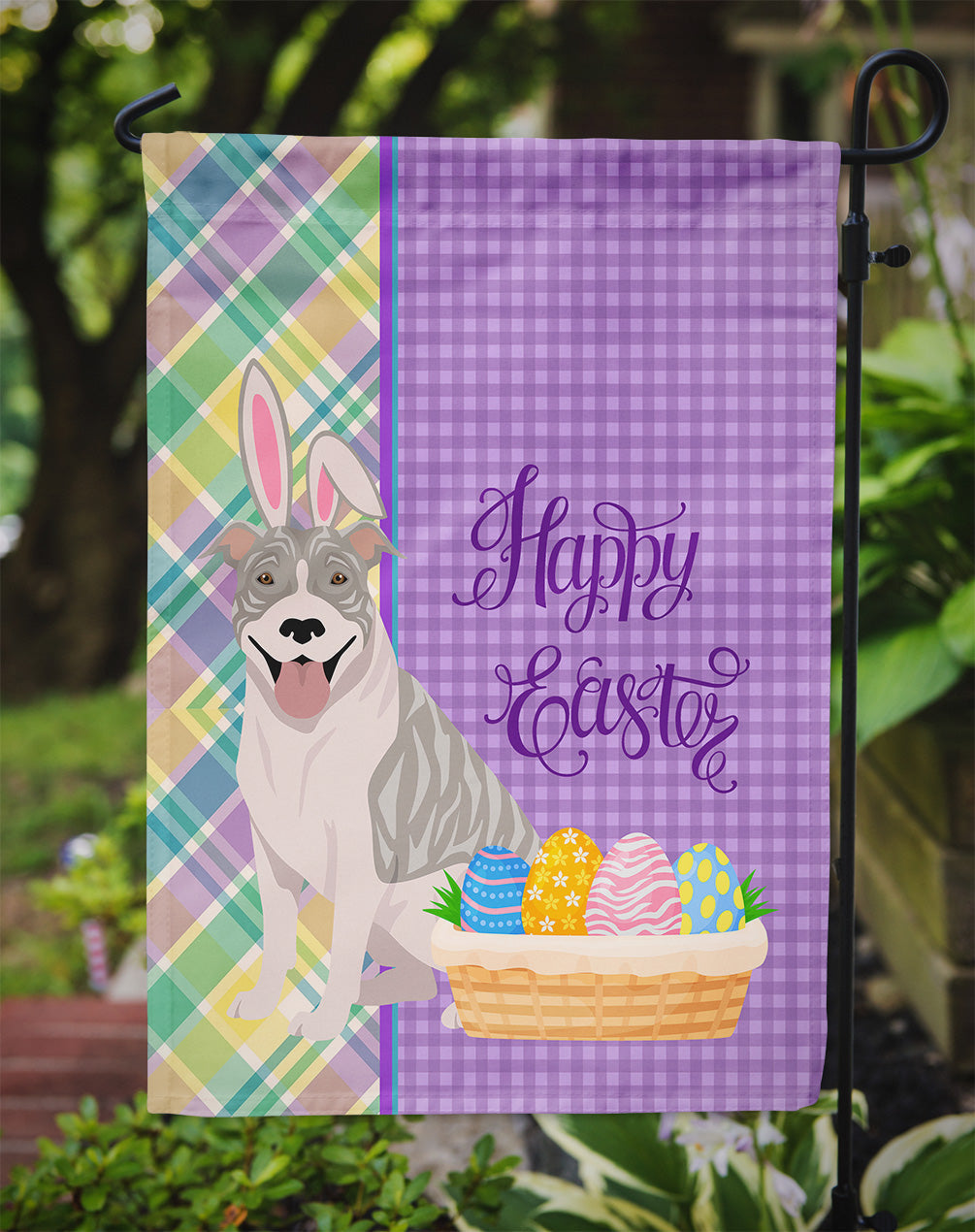Blue Brindle Pit Bull Terrier Easter Garden Flag Mailbox Decorative Yard Banner Outside Patio Artwork for Flower Beds, Garden Size, Multicolor