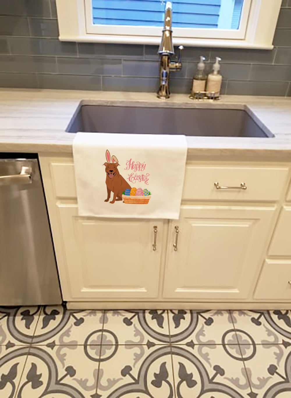 Red Pit Bull Terrier Easter Kitchen Towel Set of 2 White Dish Towels Decorative Bathroom Hand towel for Hand, Face, Hair, Yoga, Tea, Dishcloth, 19 X 28", White