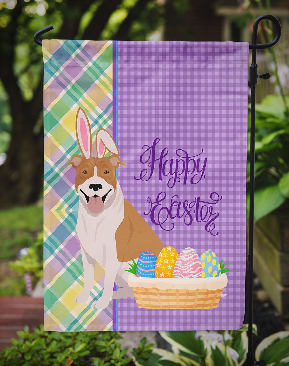 Red and White Pit Bull Terrier Easter Garden Flag Mailbox Decorative Yard Banner Outside Patio Artwork for Flower Beds, Garden Size, Multicolor