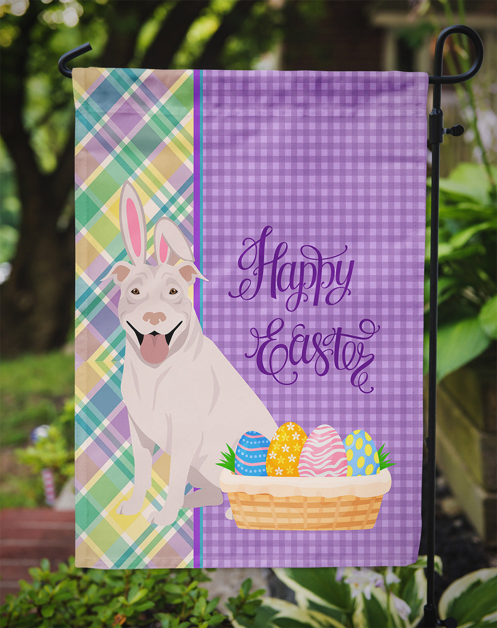 White Pit Bull Terrier Easter Garden Flag Mailbox Decorative Yard Banner Outside Patio Artwork for Flower Beds, Garden Size, Multicolor