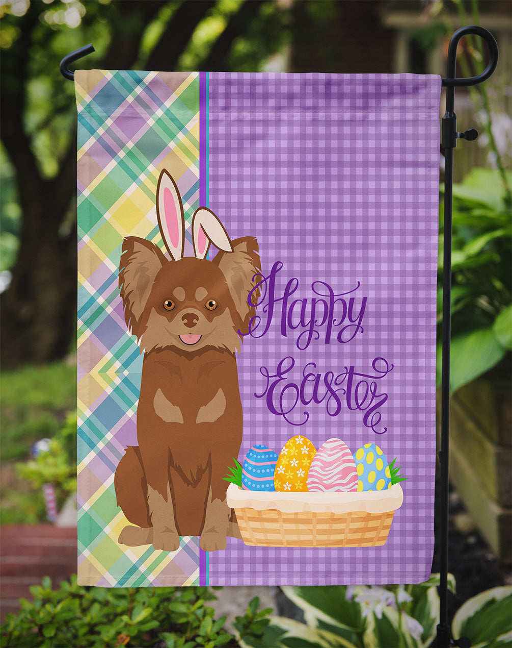 Longhaired Chocolate and Tan Chihuahua Easter Garden Flag Mailbox Decorative Yard Banner Outside Patio Artwork for Flower Beds, Garden Size, Multicolor