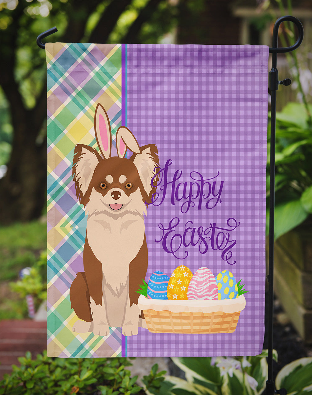 Longhaired Chocolate and White Chihuahua Easter Garden Flag Mailbox Decorative Yard Banner Outside Patio Artwork for Flower Beds, Garden Size, Multicolor