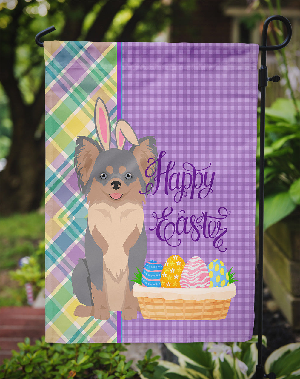 Longhaired Blue and Tan Chihuahua Easter Garden Flag Mailbox Decorative Yard Banner Outside Patio Artwork for Flower Beds, Garden Size, Multicolor