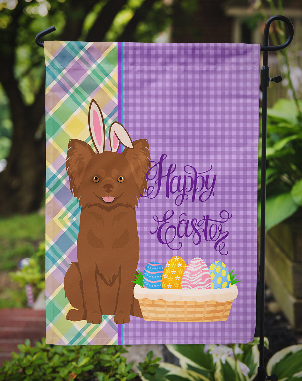 Longhaired Chocolate Chihuahua Easter Garden Flag Mailbox Decorative Yard Banner Outside Patio Artwork for Flower Beds, Garden Size, Multicolor