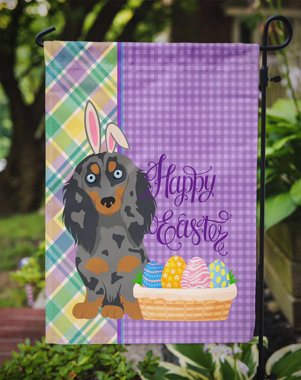 Longhair Blue and Tan Dapple Dachshund Easter Garden Flag Mailbox Decorative Yard Banner Outside Patio Artwork for Flower Beds, Garden Size, Multicolor