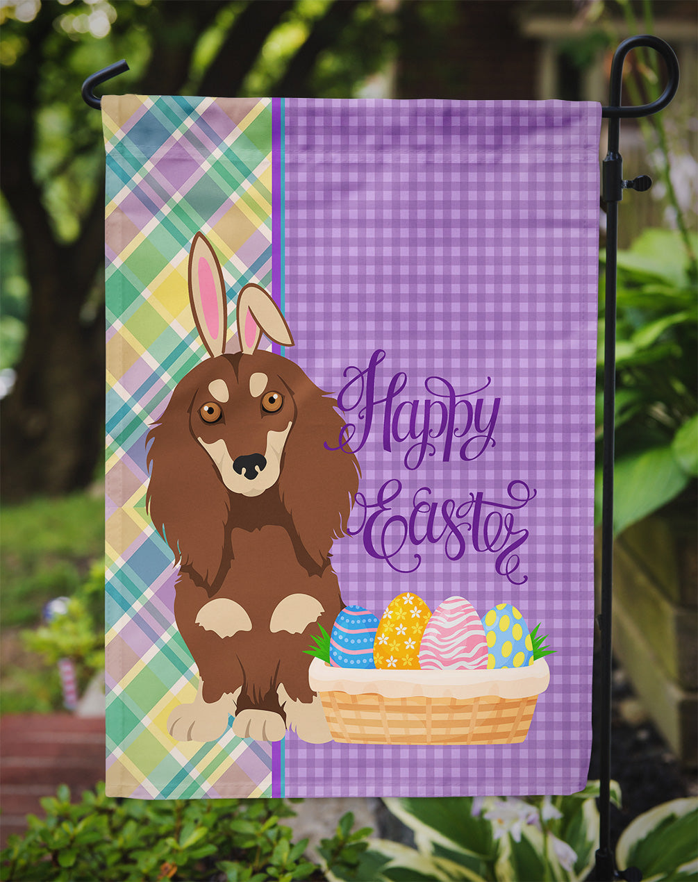 Longhair Chocolate and Cream Dachshund Easter Garden Flag Mailbox Decorative Yard Banner Outside Patio Artwork for Flower Beds, Garden Size, Multicolor