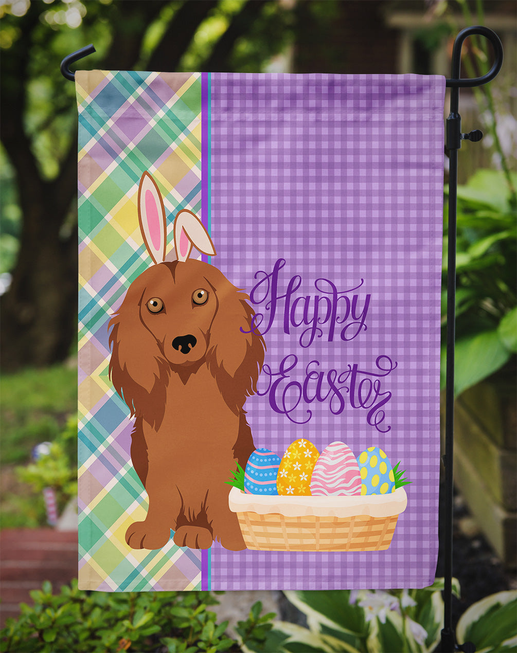Longhair Red Dachshund Easter Garden Flag Mailbox Decorative Yard Banner Outside Patio Artwork for Flower Beds, Garden Size, Multicolor