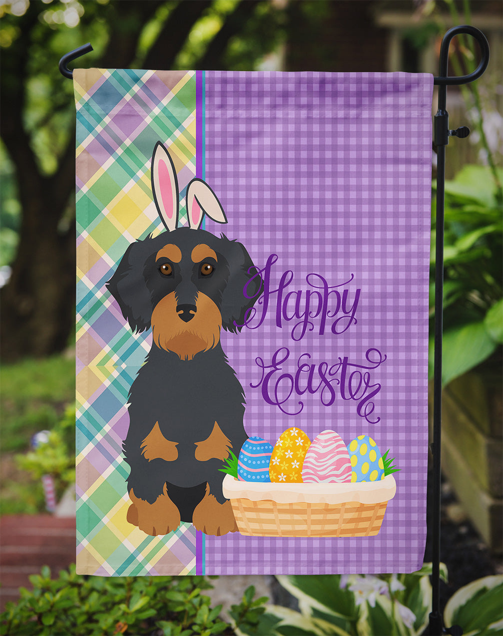 Wirehair Black and Tan Dachshund Easter Garden Flag Mailbox Decorative Yard Banner Outside Patio Artwork for Flower Beds, Garden Size, Multicolor