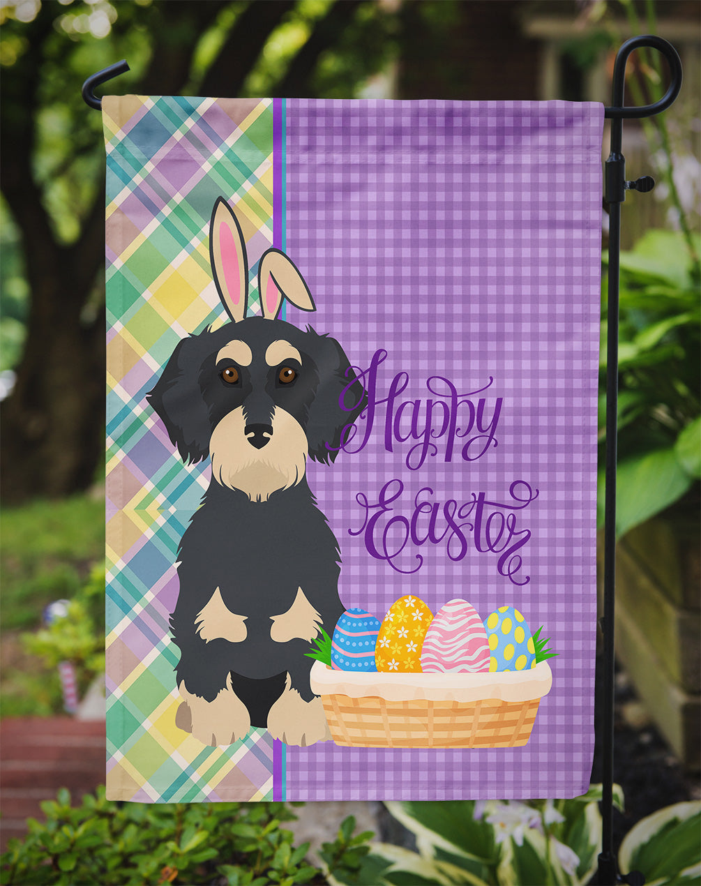 Wirehair Black and Cream Dachshund Easter Garden Flag Mailbox Decorative Yard Banner Outside Patio Artwork for Flower Beds, Garden Size, Multicolor