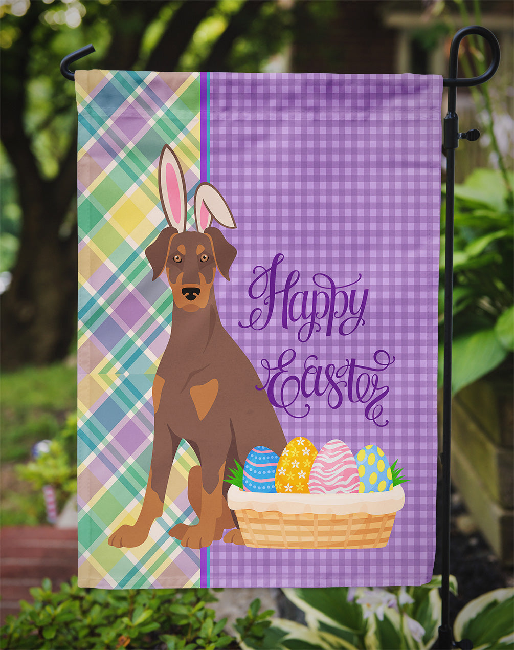 Natural Ear Red and Tan Doberman Pinscher Easter Garden Flag Mailbox Decorative Yard Banner Outside Patio Artwork for Flower Beds, Garden Size, Multicolor
