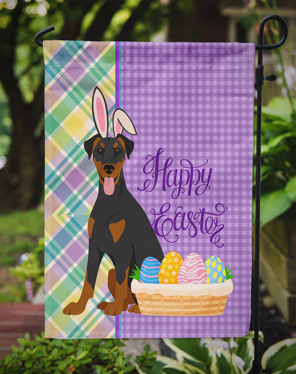 Natural Ear Black and Tan Doberman Pinscher Easter Garden Flag Mailbox Decorative Yard Banner Outside Patio Artwork for Flower Beds, Garden Size, Multicolor