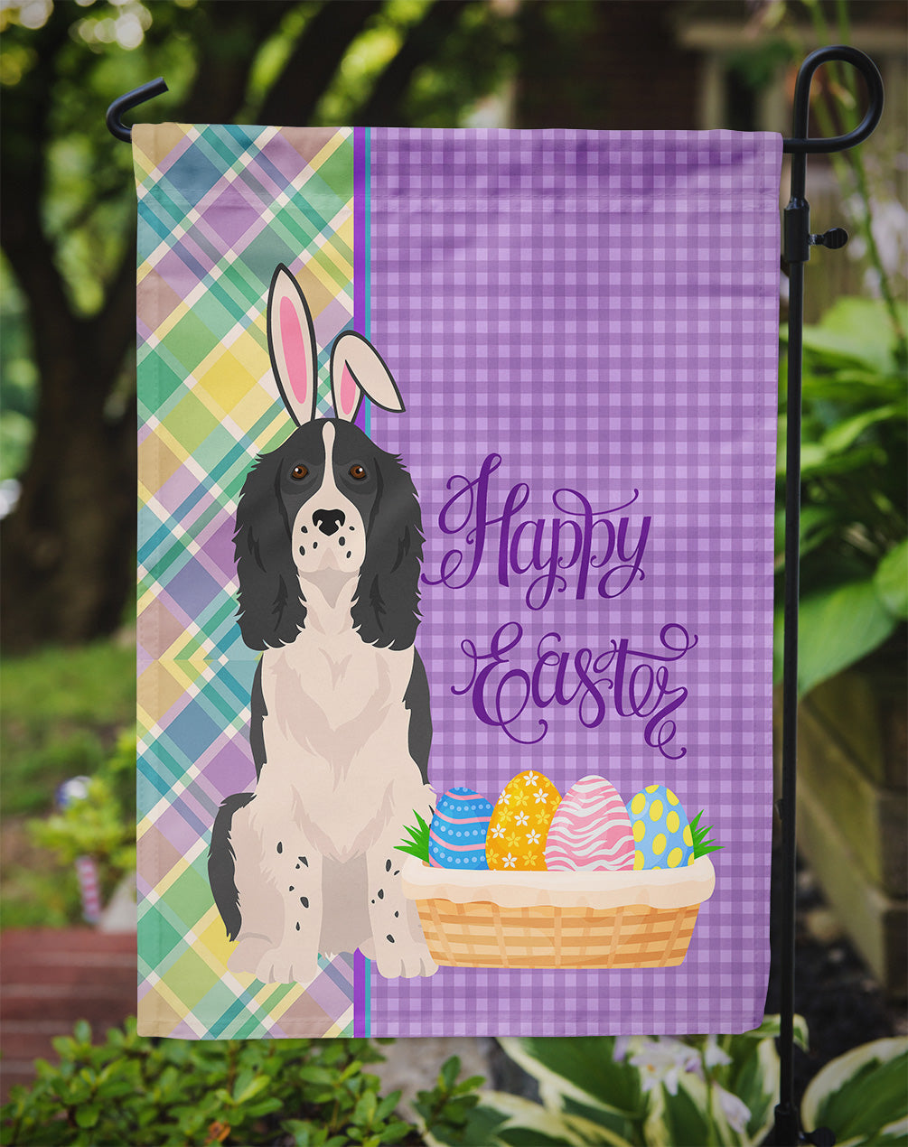 Black English Springer Spaniel Easter Garden Flag Mailbox Decorative Yard Banner Outside Patio Artwork for Flower Beds, Garden Size, Multicolor