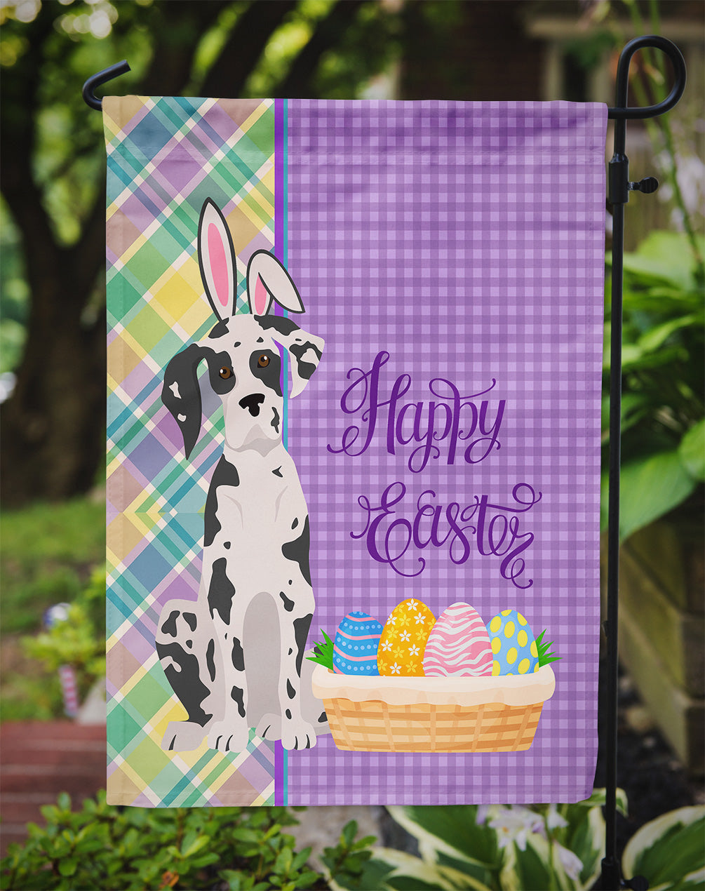 Harlequin Great Dane Easter Garden Flag Mailbox Decorative Yard Banner Outside Patio Artwork for Flower Beds, Garden Size, Multicolor