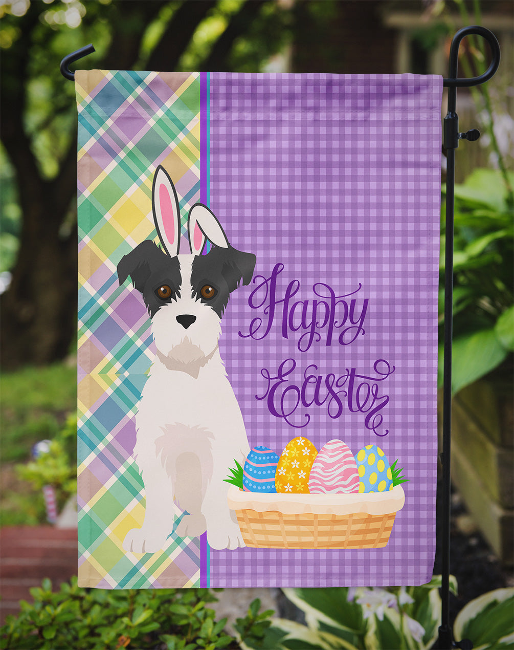 Black White Wirehair Jack Russell Terrier Easter Garden Flag Mailbox Decorative Yard Banner Outside Patio Artwork for Flower Beds, Garden Size, Multicolor