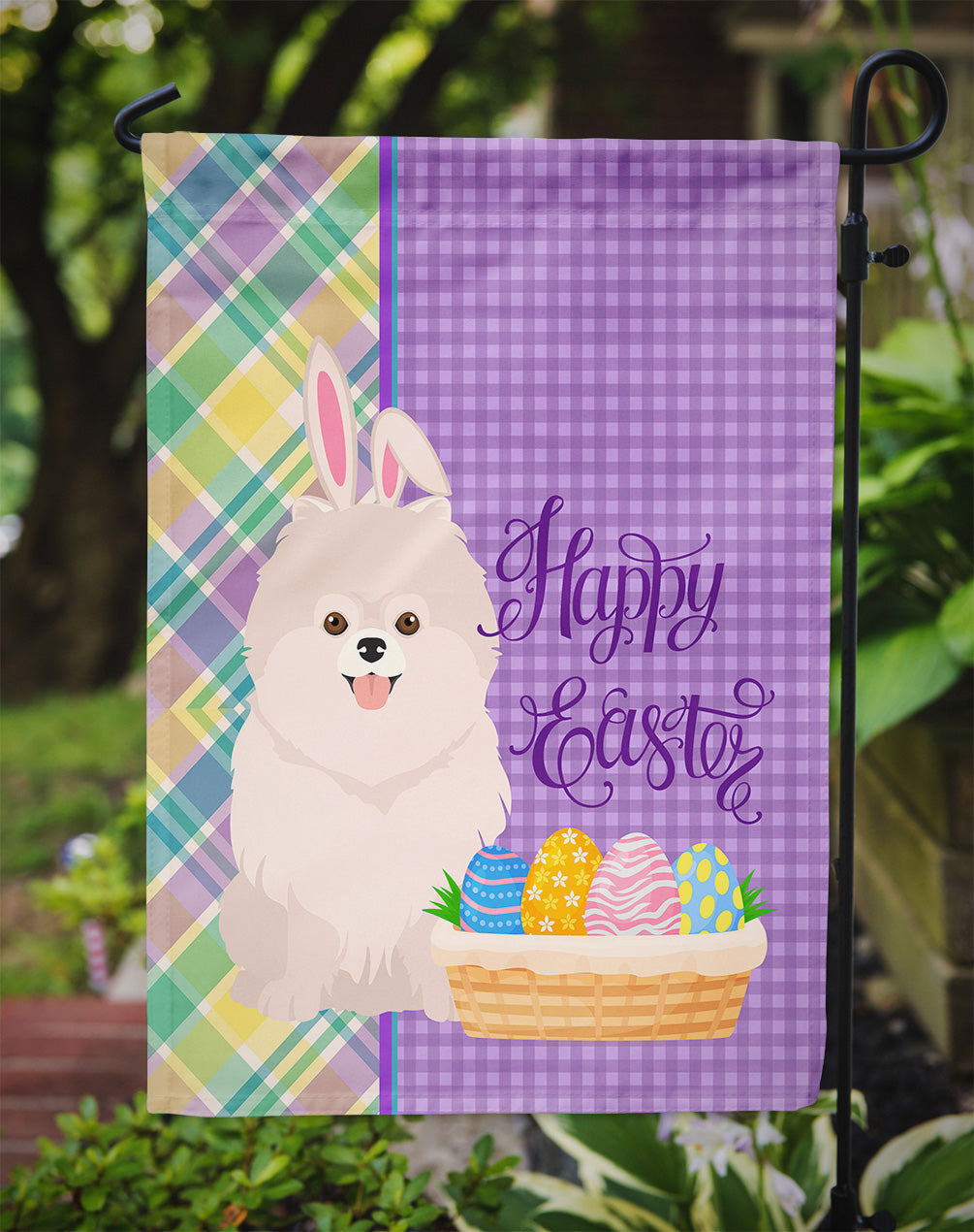 White Pomeranian Easter Garden Flag Mailbox Decorative Yard Banner Outside Patio Artwork for Flower Beds, Garden Size, Multicolor