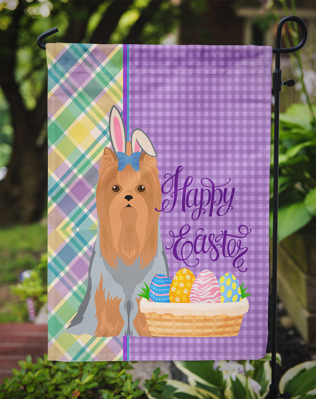 Blue and Tan Full Coat Yorkshire Terrier Easter Garden Flag Mailbox Decorative Yard Banner Outside Patio Artwork for Flower Beds, Garden Size, Multicolor