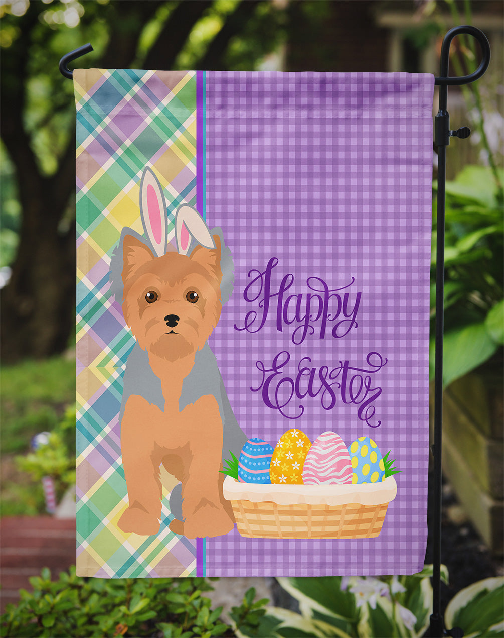 Blue and Tan Puppy Cut Yorkshire Terrier Easter Garden Flag Mailbox Decorative Yard Banner Outside Patio Artwork for Flower Beds, Garden Size, Multicolor