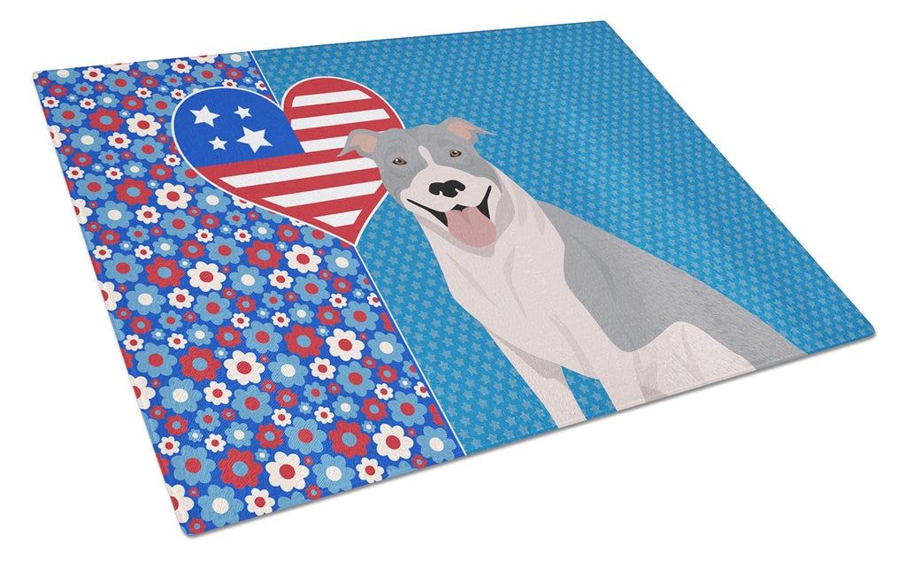 Blue and White Pit Bull Terrier USA American Cutting Board Tempered Glass Kitchen Cutting Surface, Heat Resistant Chopping, Non-Slip Feet, Food Prep & Serving