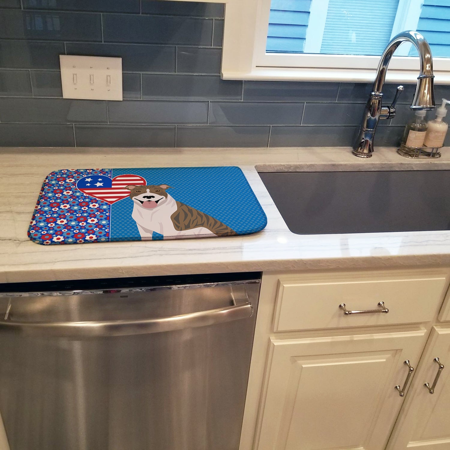 Fawn Brindle Pit Bull Terrier USA American Dish Drying Mat Absorbent Dish Drying Mat Pad for Kitchen Counter Dish Drainer Mat for Countertop, 14 x 21", Multicolor