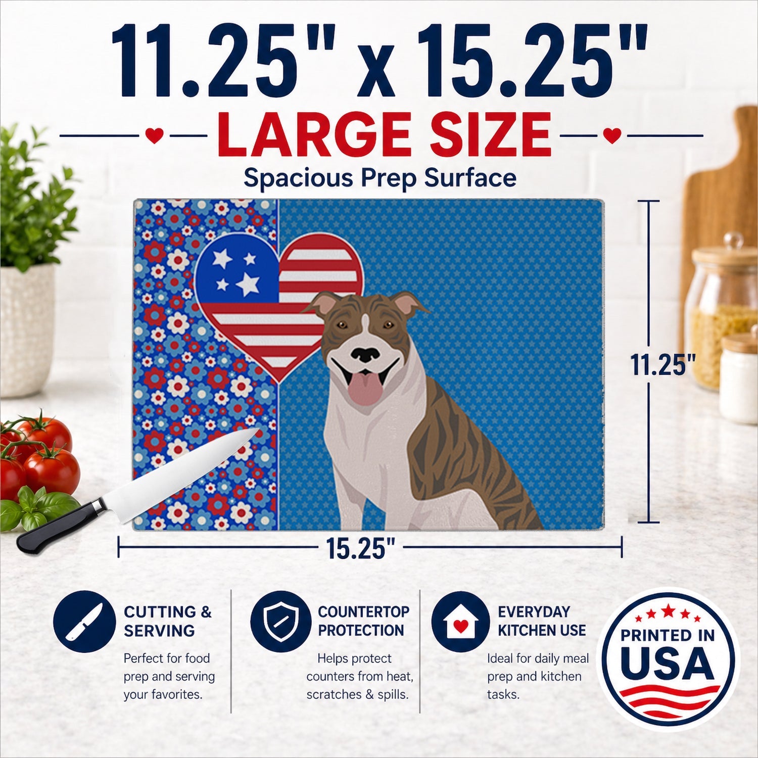 Fawn Brindle Pit Bull Terrier USA American Cutting Board Tempered Glass Kitchen Cutting Surface, Heat Resistant Chopping, Non-Slip Feet, Food Prep & Serving