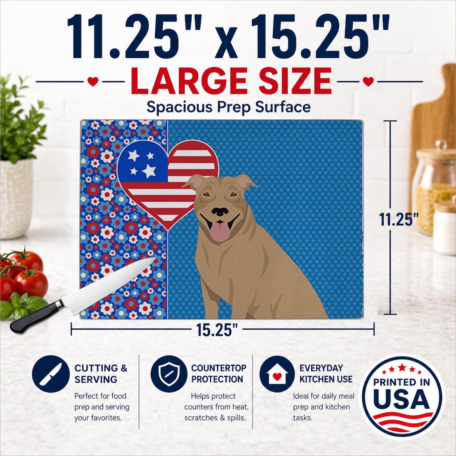 Fawn Pit Bull Terrier USA American Cutting Board Tempered Glass Kitchen Cutting Surface, Heat Resistant Chopping, Non-Slip Feet, Food Prep & Serving